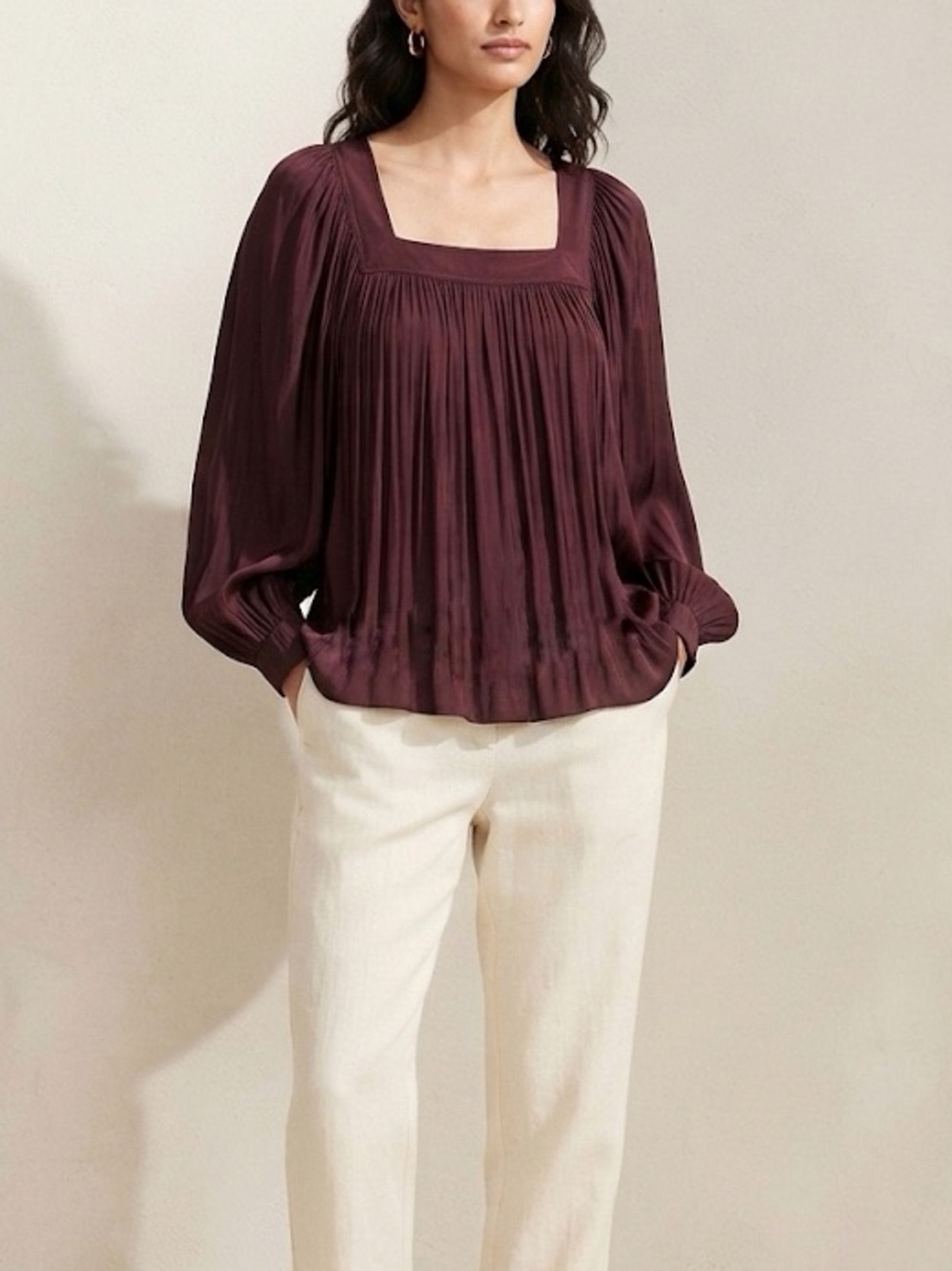 Smythe Square Neck Blouse Balloon Sleeve Longsleeve Size Small Wine Burgundy